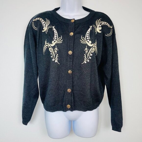 Vintage L'eau Vive Sweater Womens M Black Cardigan Wool Pinup Glam - Picture 2 of 7